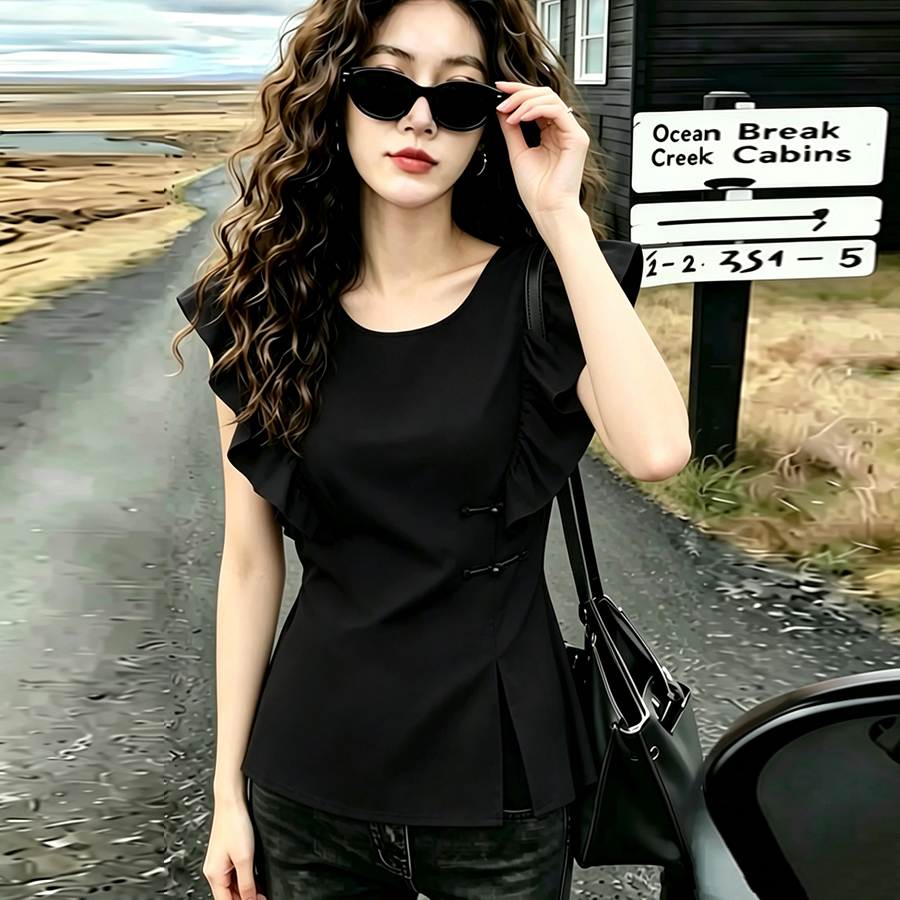 실사 빅 사이즈 Feifei 소매 패치워크 프릴 단추 국풍 새로운 중식 셔츠 여름 지방 mm 표지 배 숨기기 고기 반팔
