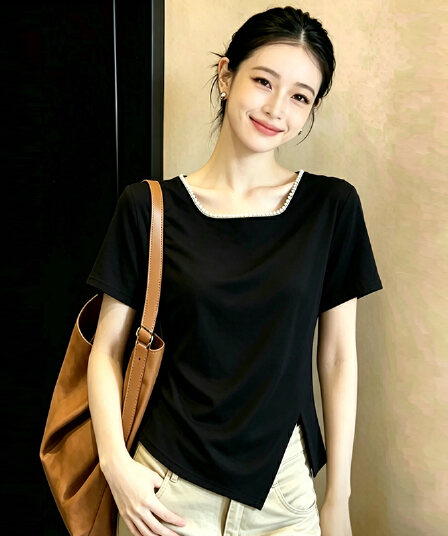 실사 210g 좋은 면 빅 사이즈 여성 의류 여름 드레스 새로운 세련된 반팔 티셔츠 지방 mm 표지 고기 슬림해 보이는 트임 맨위