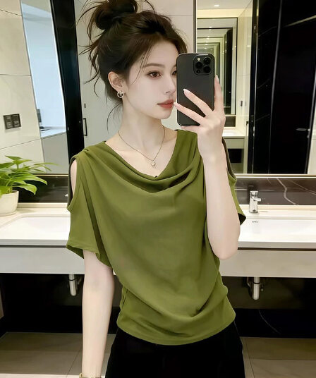210 그램 좋은 면 디자인 센스 홀로우 아웃 오프숄더 흔들다 칼라 반팔 티셔츠 2026 여름 빅 사이즈 여성 의류 루즈핏 맨위