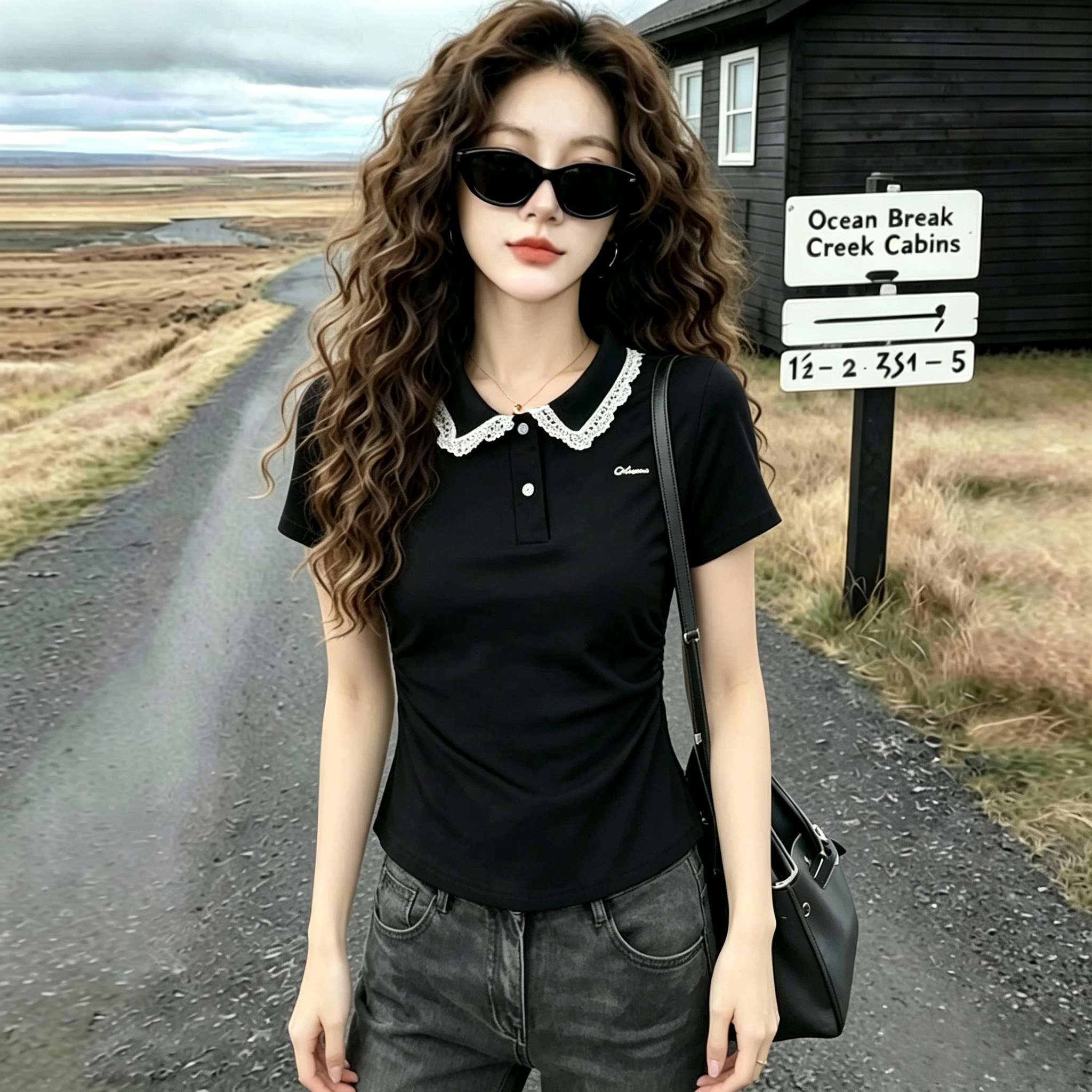 실사 210 그램 좋은 면 빅 사이즈 여성 의류 2026 여름 드레스 배색 패치워크 레이스 POLO 칼라 반팔 티셔츠 맨위