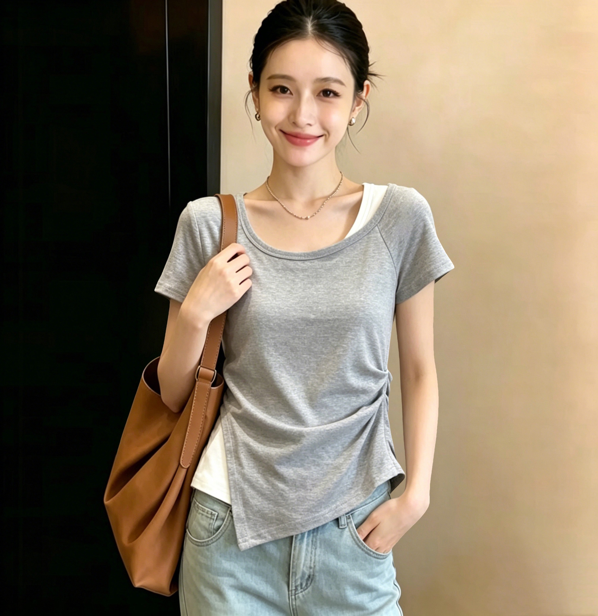 실사 210 그램 좋은 면 빅 사이즈 여름 새로운 핫걸 순수한 욕망 바람 페이크 레이어드 배색 반팔 티셔츠 다용도 맨위