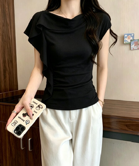 실사 210 그램 좋은 면 2026 프랑스식 레트로 초콜릿 브라운 프릴 비스듬한 어깨 티셔츠 여성 다용도 슬림해 보이는 맨위