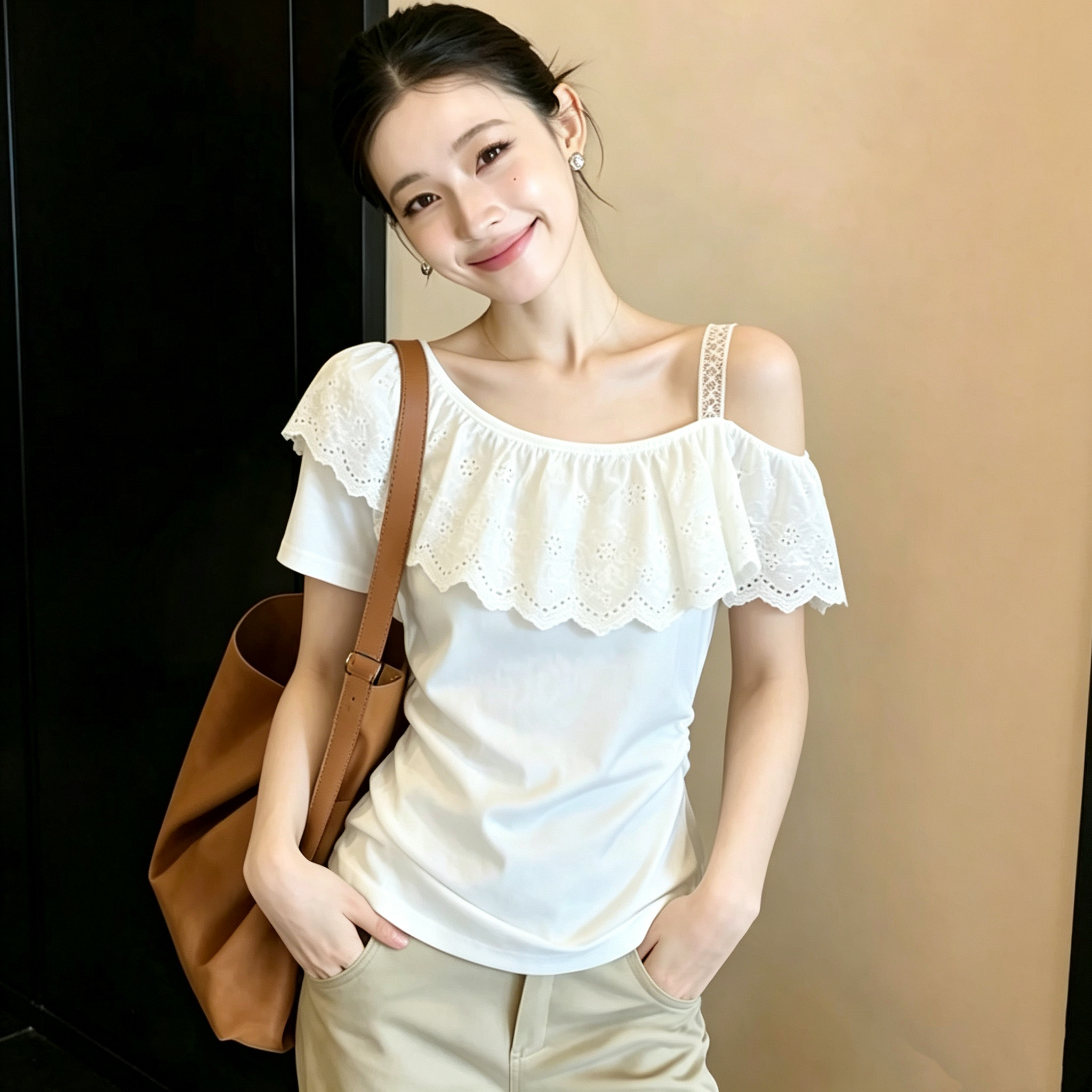 실사 210 그램 좋은 면 빅 사이즈 여성 의류 지방 mm 프랑스식 프릴 꽃잎 비스듬한 어깨 반팔 티셔츠 여성 레이스 맨위