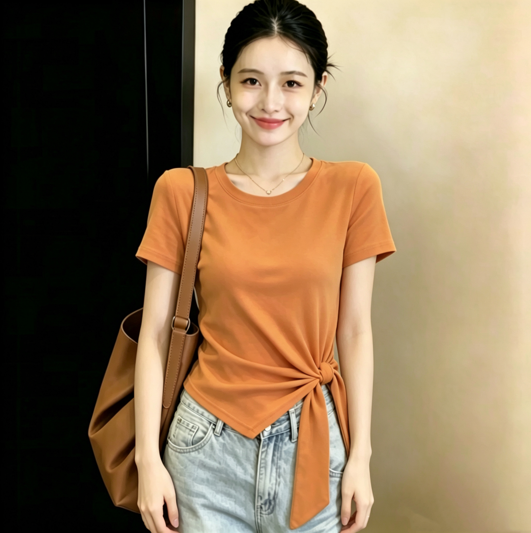 실사 210 그램 좋은 면 빅 사이즈 라운드 넥 허리 수축 한 부서 티셔츠 패션 슬림해 보이는 다용도 고급 디자인 센스 기본 셔츠