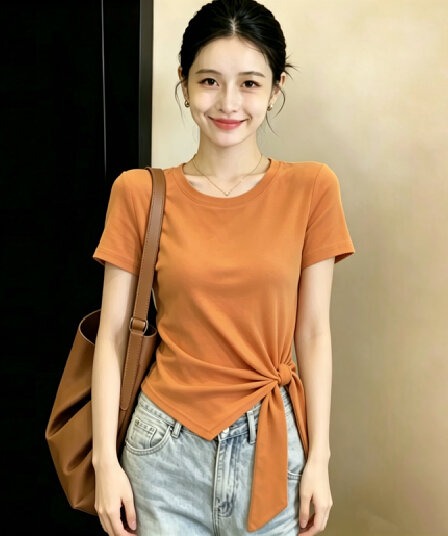 실사 210 그램 좋은 면 빅 사이즈 라운드 넥 허리 수축 한 부서 티셔츠 패션 슬림해 보이는 다용도 고급 디자인 센스 기본 셔츠
