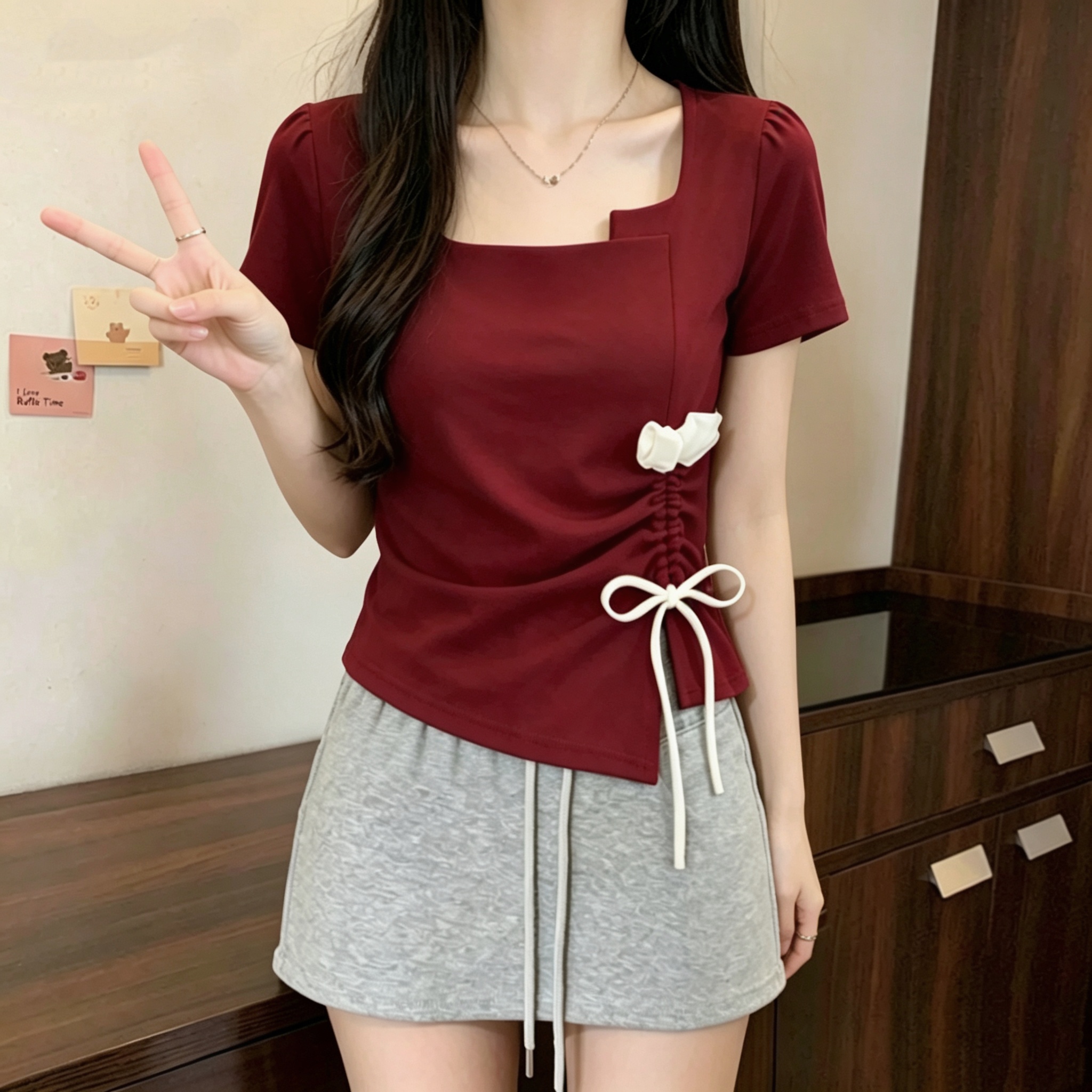 RY6078# 精棉2026夏大码女装红色正肩短袖T恤胖mm掐腰不规则上衣