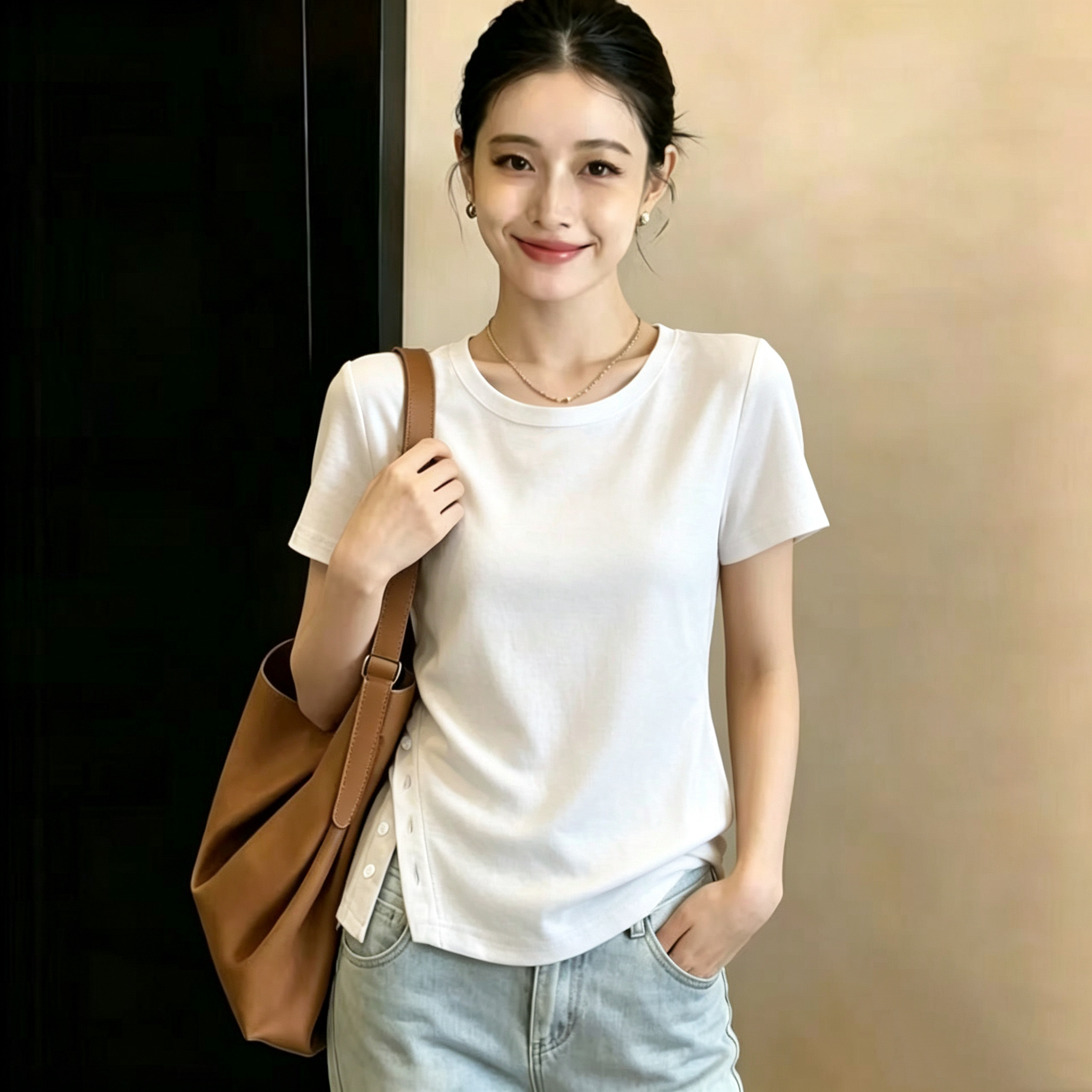 RY6077# 精棉2026夏季V领短袖T恤女法式减龄气质显瘦设计感上衣