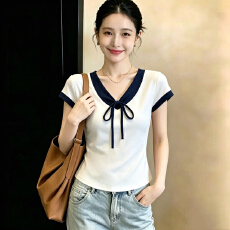 批发实拍210克精棉大码女装2026夏季新款法式温柔蝴蝶结系带短袖T恤