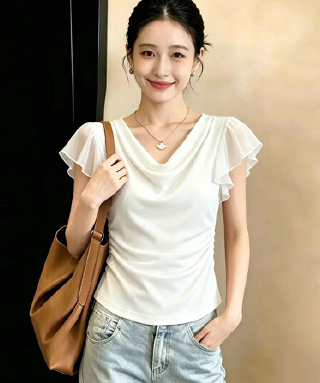 실사 210 그램 좋은 면 빅 사이즈 여성 의류 2026 여름 센스 흔들다 칼라 프릴 반팔 티셔츠 주름 몸매 가꾸기 맨위