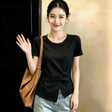 批发实拍210克精棉黑色正肩短袖t恤女装2026新款爆款夏季设计感上衣