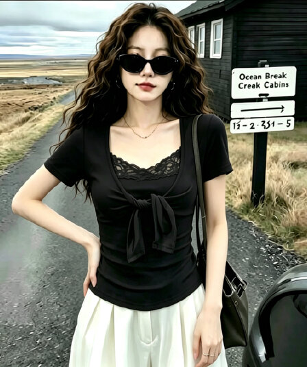 실사 210 그램 좋은 면 빅 사이즈 지방 mm 순수한 욕망 바람 레이스 조각 반팔 티셔츠 여성 여름 다용도 긍정적 인 어깨 의류