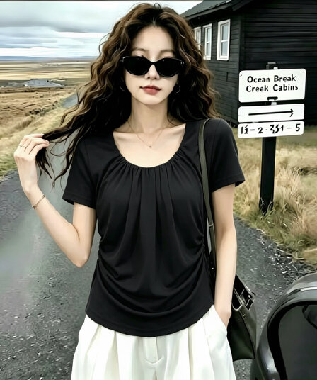 실사 210 그램 좋은 면 빅 사이즈 여름 지방 mm 순수한 욕망 바람 반팔 티셔츠 여성 여름 다용도 긍정적 인 어깨 의류