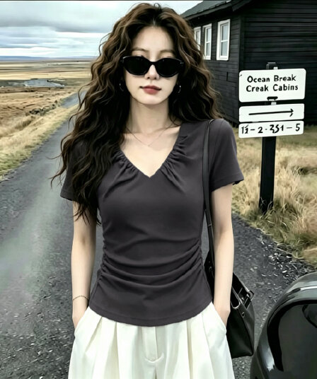 실사 210 그램 좋은 면 빅 사이즈 여성 의류 어두운 회색 V넥 펌프 Pleat 반팔 티셔츠 여성 2026 여름 Chic 맨위