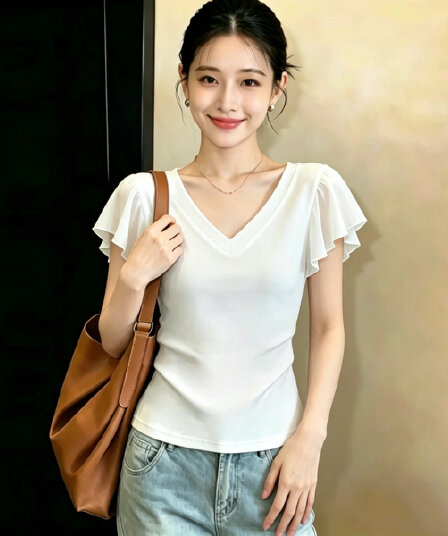 실사 210 그램 좋은 면 빅 사이즈 여성 의류 2026 여름 V넥 프릴 반팔 티셔츠 주름 몸매 가꾸기 맨위