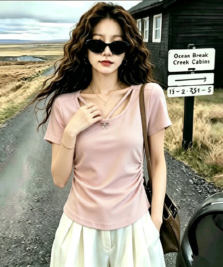 실사 210 그램 좋은 면 2026 여름 드레스 새로운 빅 사이즈 여성 의류 나비 매듭 홀로우 아웃 V넥 반팔 티셔츠 맨위