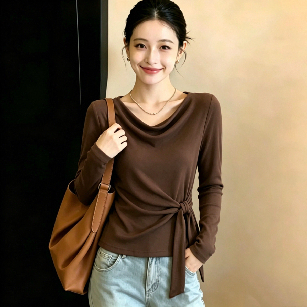 RY8799# 精棉大码胖MM荡领长袖T恤女秋装独特系带上衣小衫上衣