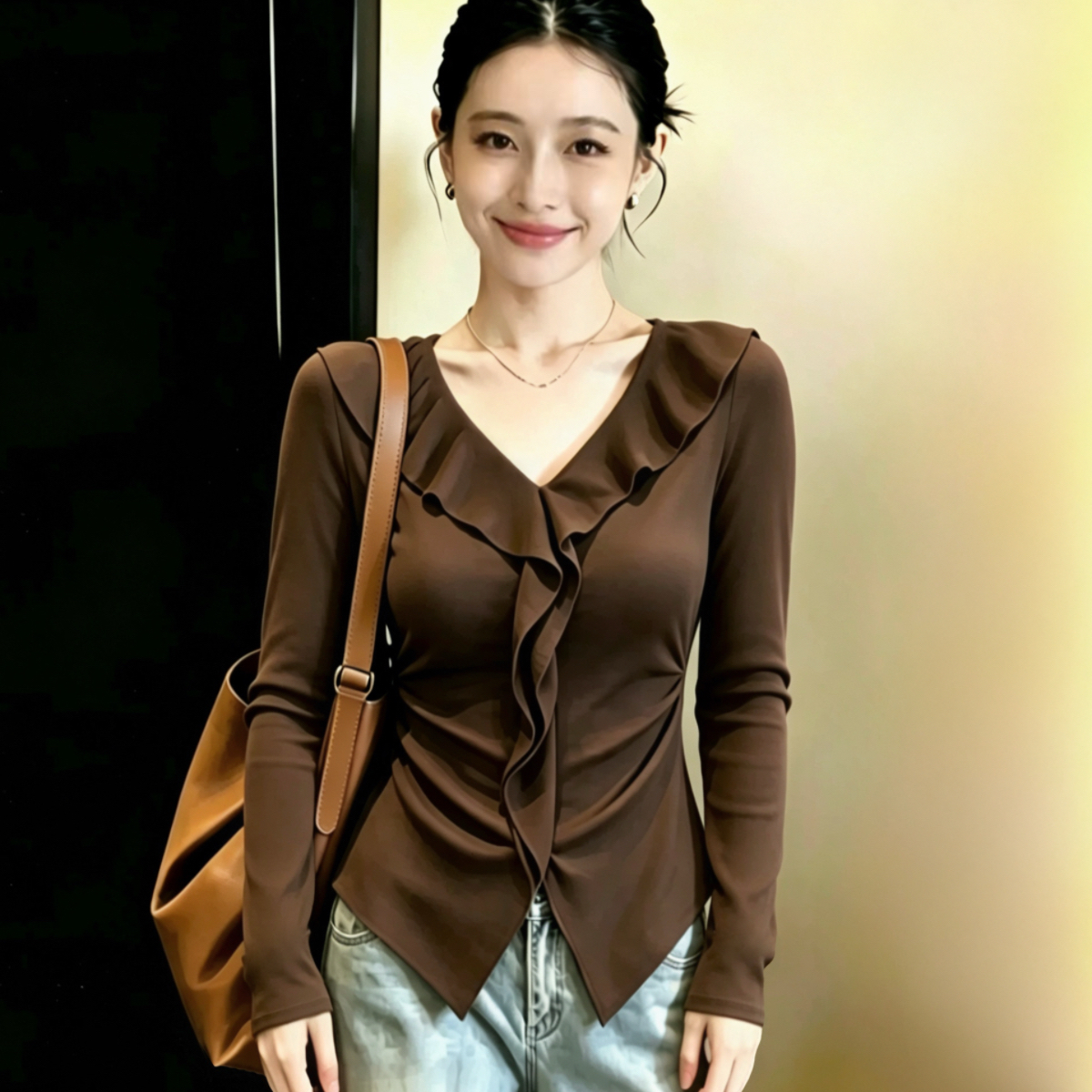 RY8792# 精棉2026秋季新款气质小众小衫荷叶边V领显瘦百搭上衣
