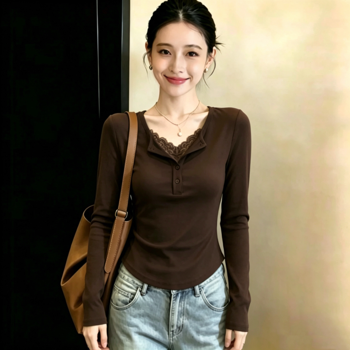 RY8794# 精棉2026秋装美拉德蕾丝拼接设计感减龄独特漂亮上衣