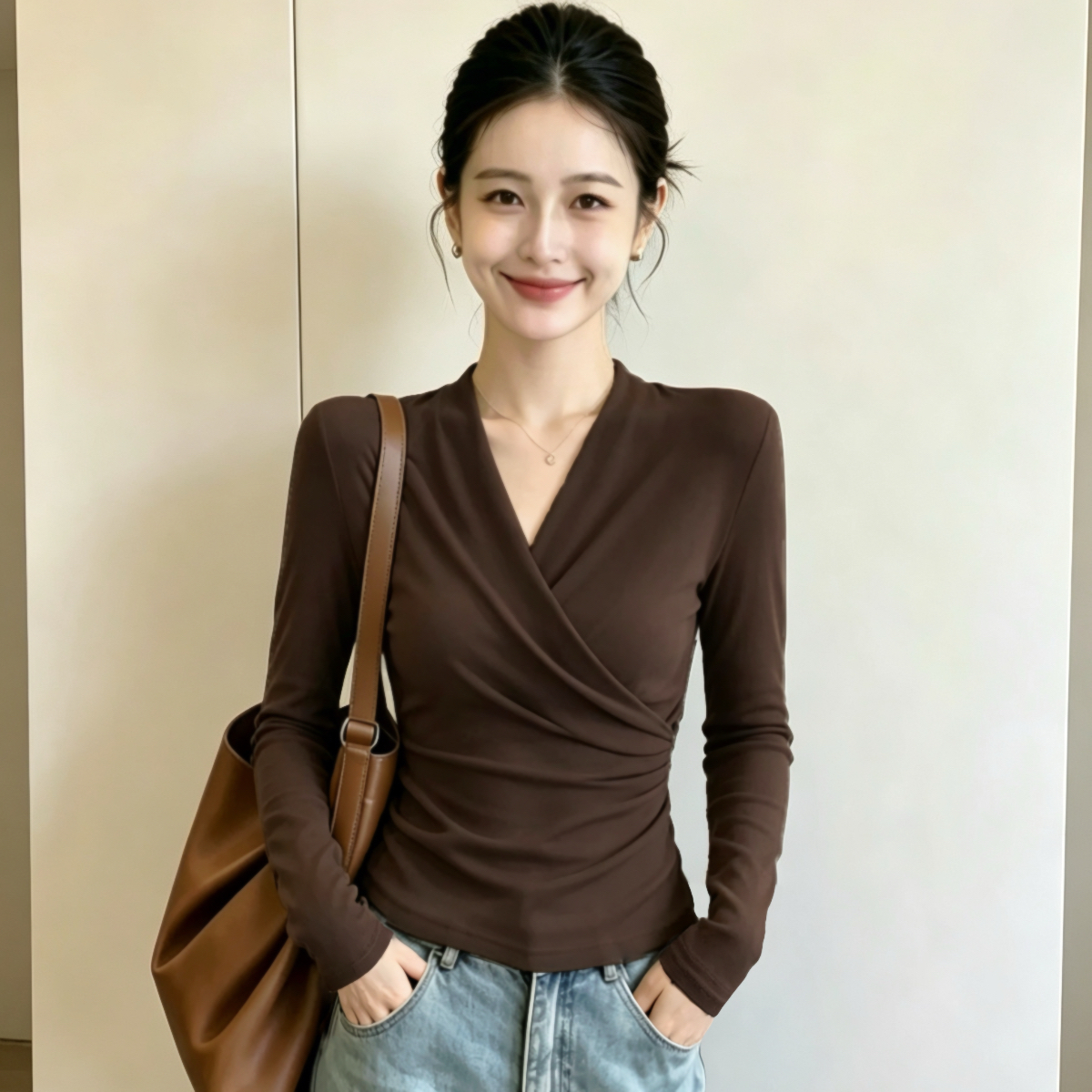 RY8793# 精棉2026秋冬大码高级感收腰辣妹V领交叉打底衫长袖t恤