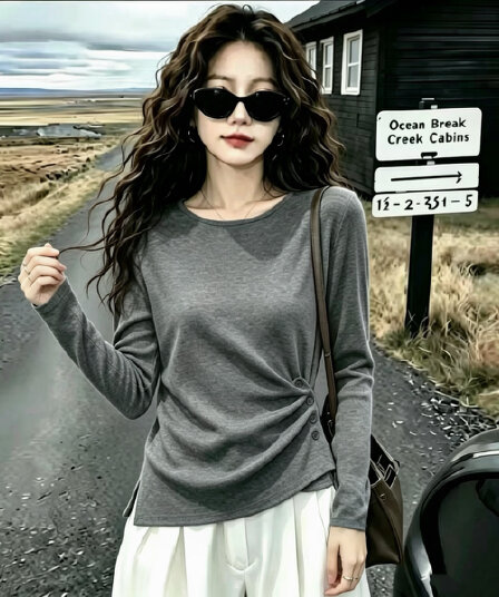 실사 210 그램 좋은 면 빅 사이즈 여성 의류 한 부서 긴팔 티셔츠 패션 슬림해 보이는 다용도 고급 디자인 센스 맨위