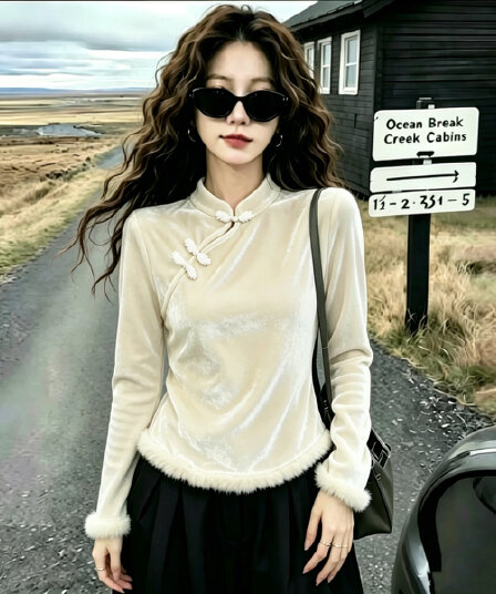 실사 빅 사이즈 여성 의류 새로운 중식 치파오 단추 긴팔 티셔츠 2026 가을 의상 새로운 고급 센스 국풍 맨위