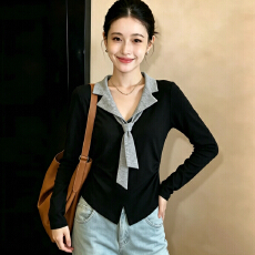 批发实拍2026<b class='q'>秋</b>装大码设计感假两件长袖T恤女胖mm显瘦修身打底衫上衣