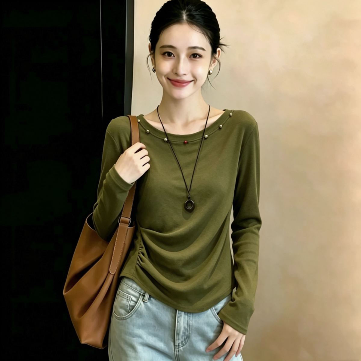 RY8801# 精棉2026秋季大码女装胖MM高级感钉珠显瘦时尚长袖T恤