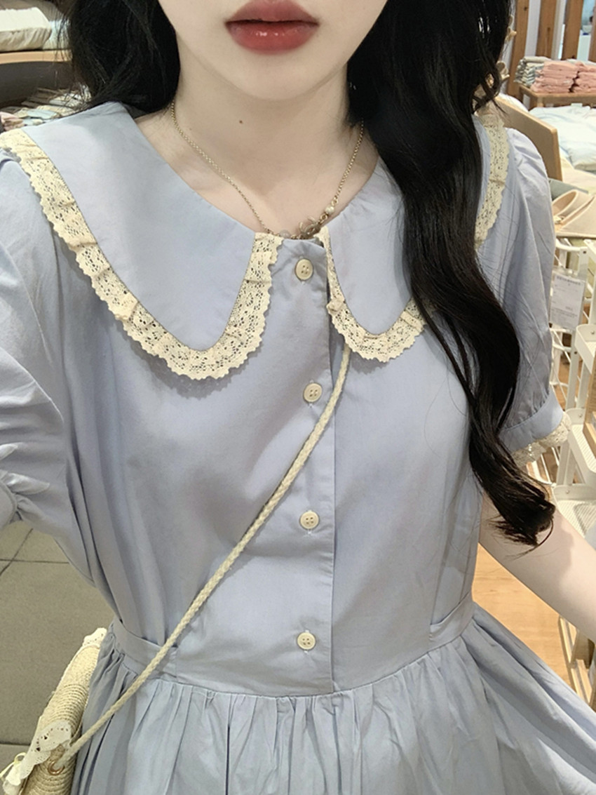 실사 소녀 레트로 파란색 베이비 칼라 레이스 측면 디스플레이 화이트 면직물 드레스 달콤함 신선함 학원 스타일