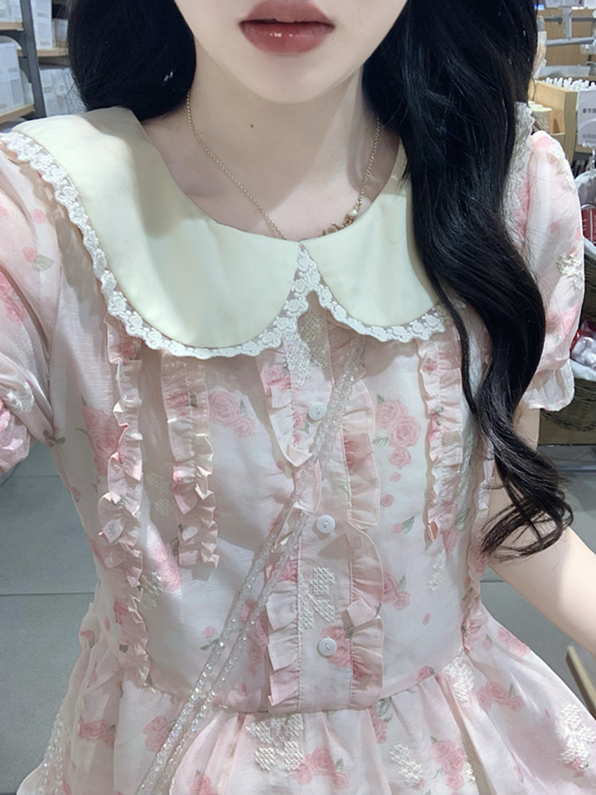 실사 달콤함 구슬 빛 자수 레이스 측면 베이비 칼라 프릴 수준 드레스 소녀 꽃무늬 슈퍼 요정 치마