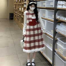 批发实拍圣诞红格子背带连衣裙女<b class='q'>甜美</b>毛呢拼色呢子背心中长裙