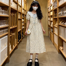 批发实拍碎花古着感蕾丝法式娃娃领<b class='q'>连衣裙</b>小清新蓝花田圆中长款裙子