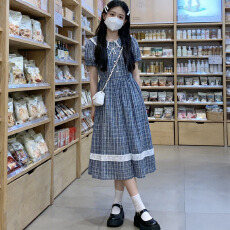 批发实拍夏季新款蕾丝拼接娃娃领格子连衣裙学院风少女裙甜美可爱裙子
