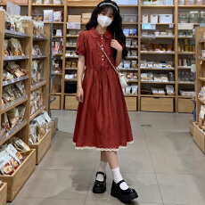 批发实拍夏季复古红色娃娃领<b class='q'>连衣裙</b>少女学院风学生<b class='q'>甜美</b>抽绳裙子