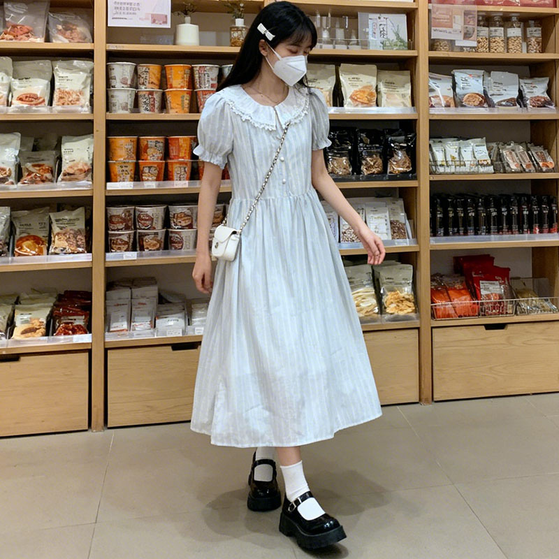 실사 달콤함 자수 프릴 칼라 블루 화이트 스트라이프 드레스 여름 학생 중학교 부드러운 첫사랑 치마