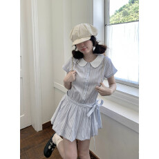 批发飞行日记   蓝色条款短袖连衣裙女夏花窇裙子