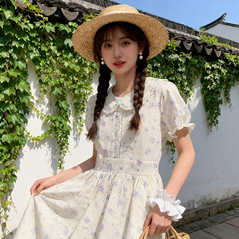 실사 새로운 레이스 베이비 칼라 자수 꽃무늬 레트로 드레스 소녀 작은 청신 달콤함 치마