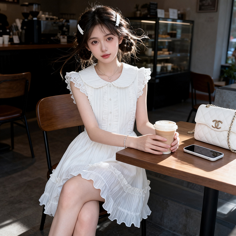 실사 베이비 칼라 소녀 달콤함 첫사랑 센스 샤오 바이 치마 레이스 레이스 작은 날다 소매 여름 학원 스타일 드레스