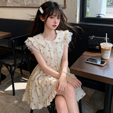 批发实拍小个子娃娃领可爱小樱桃印花少女甜美花边小飞袖连衣裙初恋感