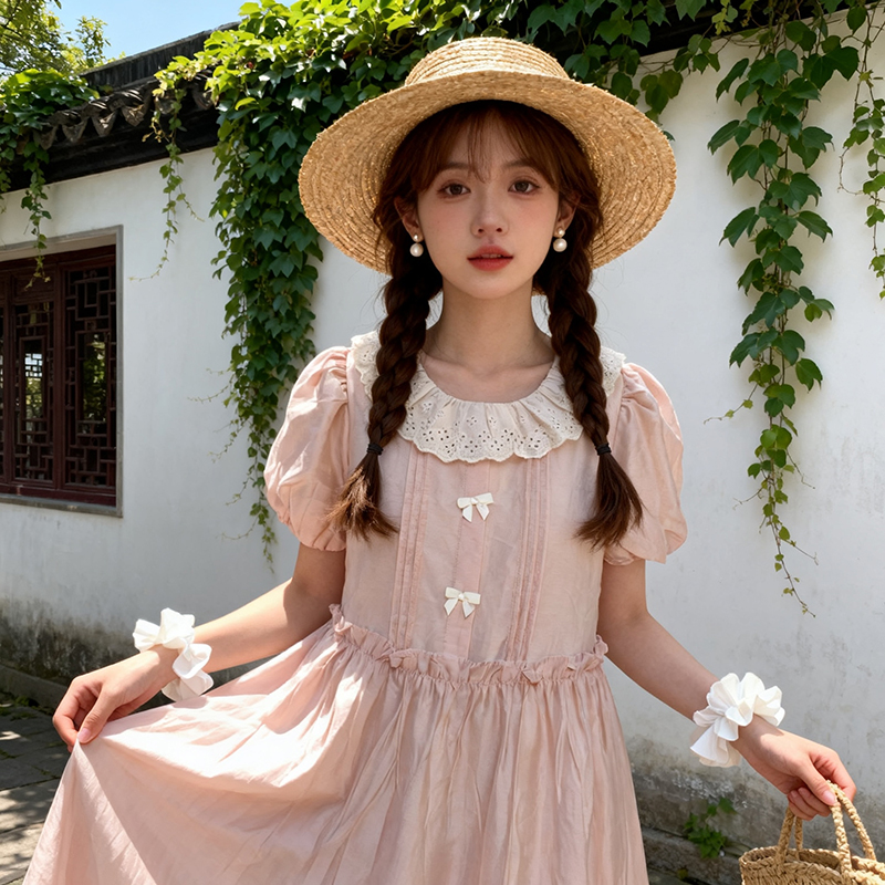 실사 레이스 레이스 베이비 칼라 거품 소매 센 부서 달콤함 드레스 공주 바람 소녀 핑크색 학생 롱 스커트
