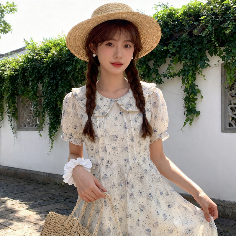 실사 여름 레이스업 자수 꽃무늬 광장 칼라 작은 노란색 꽃 드레스 허리 수축 작은 대중 달콤함 신선함 소녀