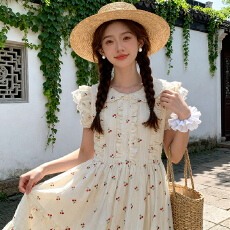 批发奶杏色樱桃印花连衣裙 日系软妹木耳边收腰显瘦初恋感小个子裙