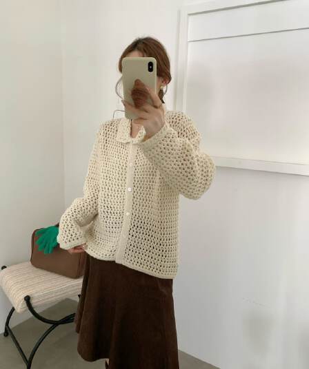 폴로 칼라 홀로우 아웃 자수 지퍼 니트 오픈 가디건 여성 루즈핏 느긋한 구멍 센스 화이트 스웨터 코트 봄 가을