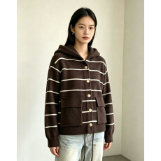 批发韩系<b class='q'>休闲</b>条纹大毛领毛衣女 连帽金扣单排扣宽松口袋针织外套