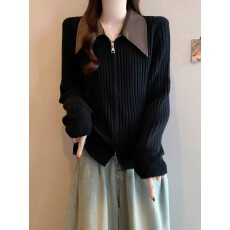 批发撞色皮领双拉链针织开衫<b class='q'>女</b> 韩系坑条收腰早秋短款气质毛衣外套