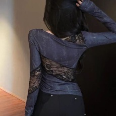 批发美式y2k甜辣妹斜肩上衣女秋季高级感不规则蕾丝打底衫内搭可外穿