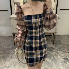 批发实拍设计师品牌新款MIXEDMINI连衣裙灯笼袖格纹裙子女