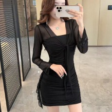 批发御姐风<b class='q'>性感</b>吊带网纱长袖开衫上衣+辣妹气质收腰显瘦荷叶边连衣裙