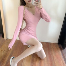 批发实拍#<b class='q'>夜店</b>性感v领加绒加厚粉色打底裙子修身褶皱包臀<b class='q'>连衣裙</b>女秋冬