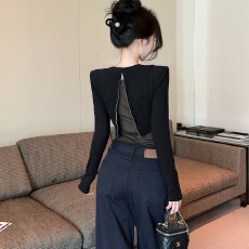 批发2025冬秋新款韩系设计感后背网纱拼接修身打底衫女款爆款