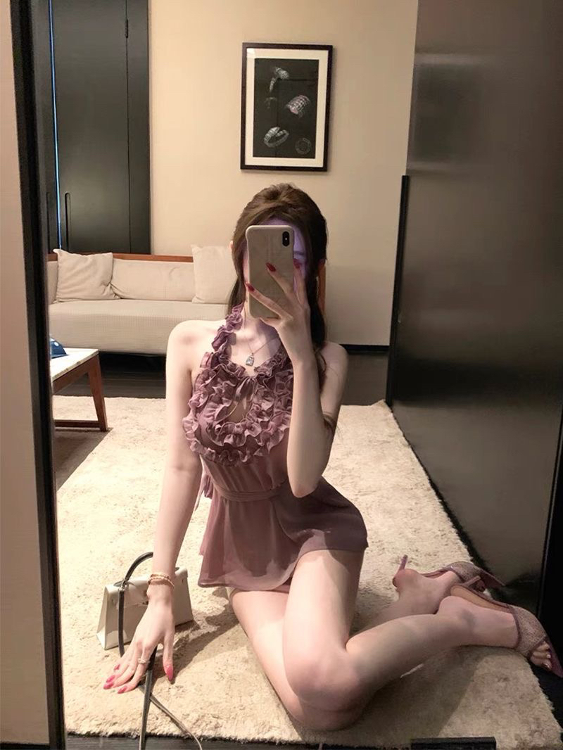 nalysa 섹시함 순수한 욕망 바람 보라색 행침 목 맨위 여성 여름 디스플레이 화이트 허리 수축 민소매 조끼 비싼 가스 천 골드 센스